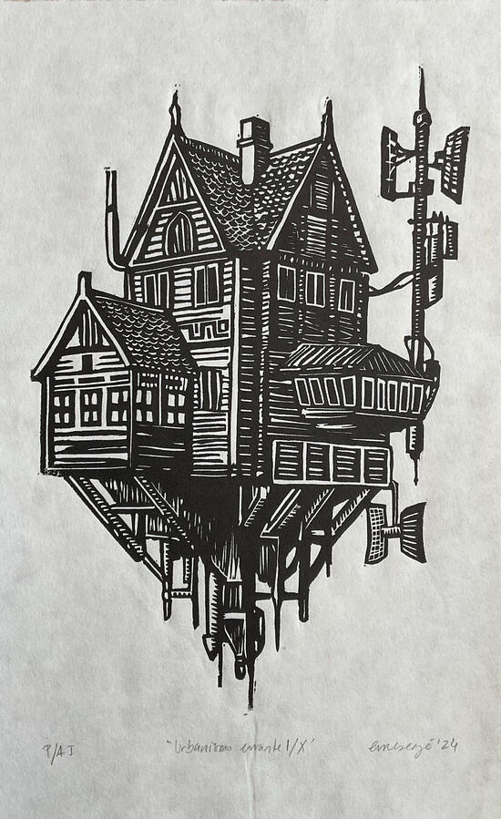 Urbanismo errante I, 2024 Linograbado sobre papel sumi-e. Papel: 27,8 × 19,3 cm. Urbanismo errante I, 2024 Linograbado sobre papel sumi-e. Papel: 27,8 × 19,3 cm.