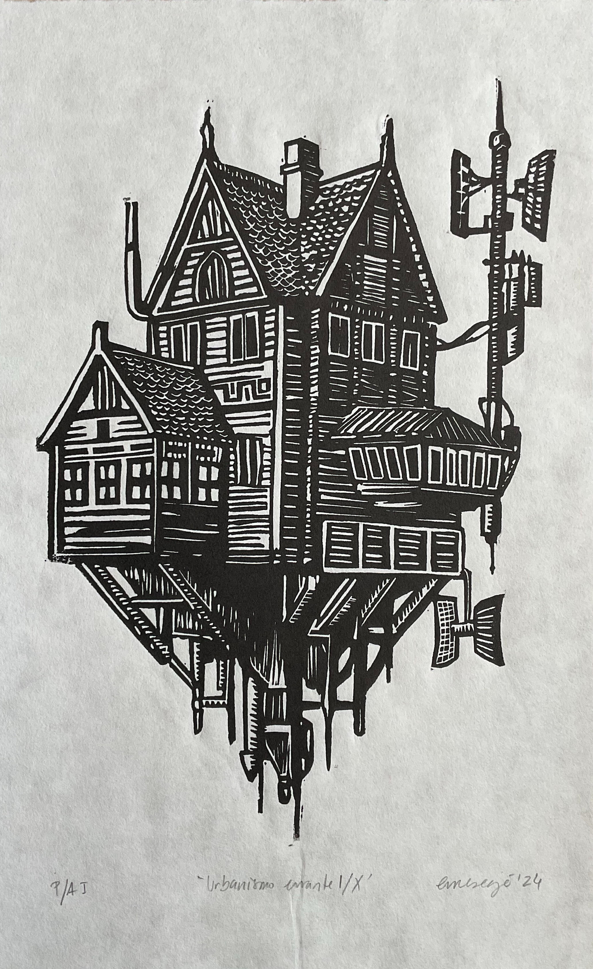 Urbanismo errante I, linograbado, 2024